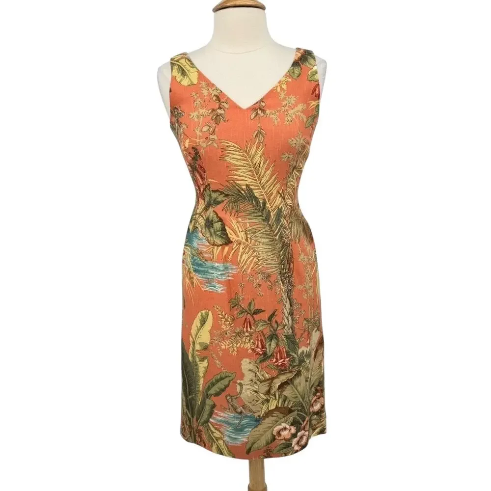Vintage Talbots Tropical Jungle Monkey Print Beaded Sheath Dress 6 Coral V Neck